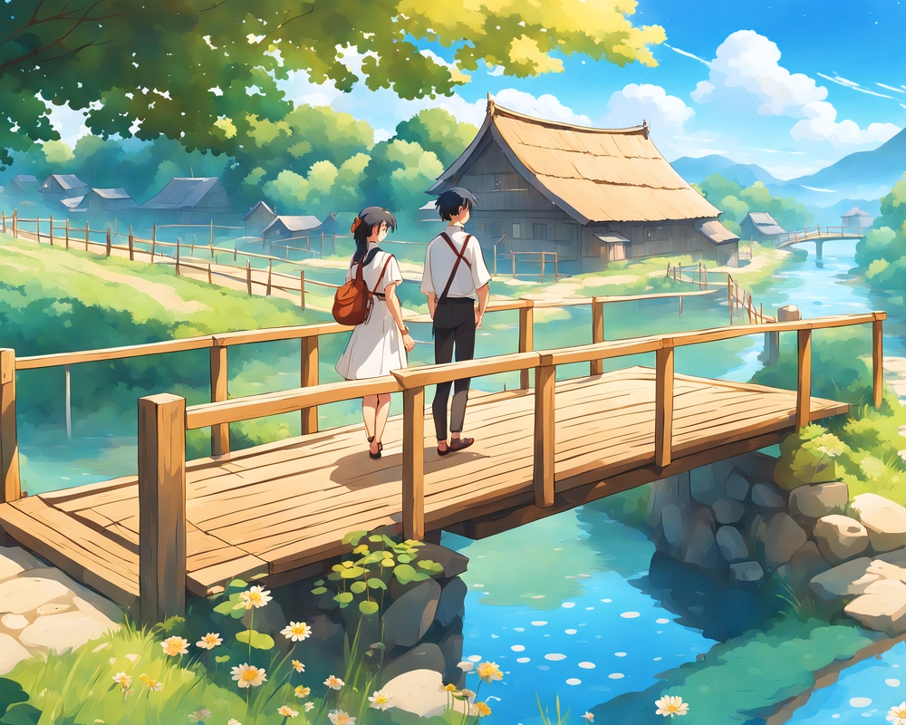 ảnh anime yên bình với cây cối xanh 