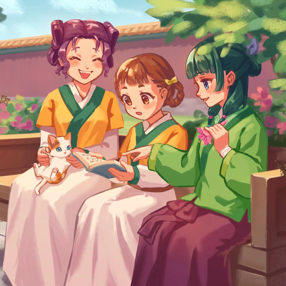 dược sư tự sự anime Xiaolan và Maomao trong khung cảnh cổ điển 