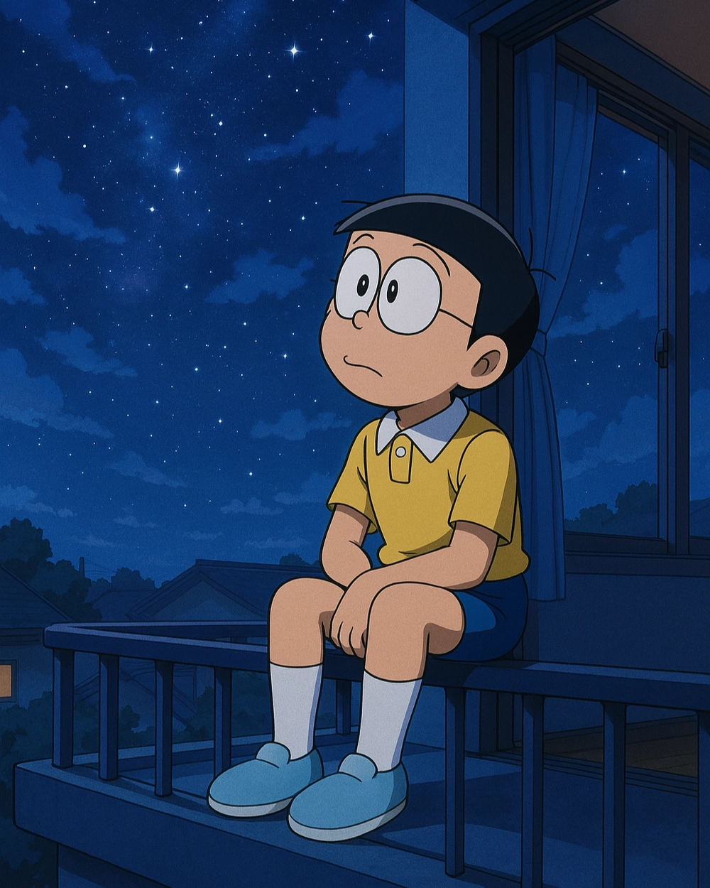ảnh nobita buồn suy tư 