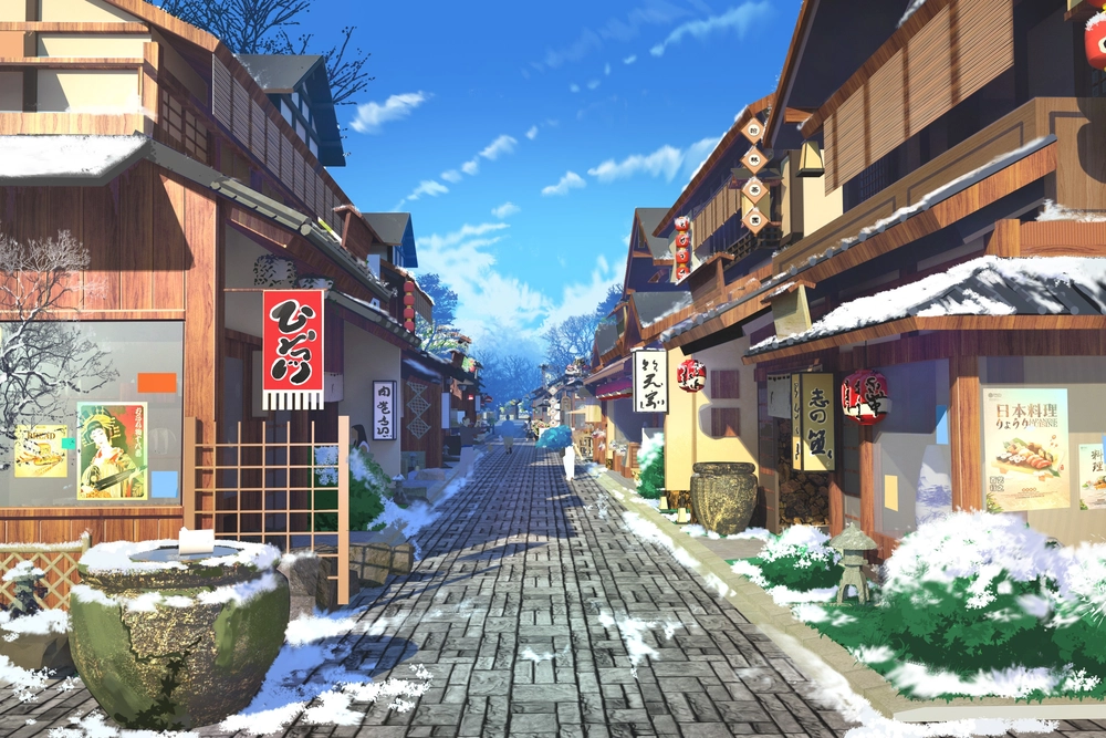 phong cảnh đường phố anime mùa đông tuyết rơi 