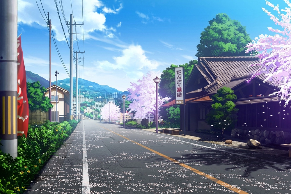 phong cảnh đường phố anime mùa xuân hoa nở 