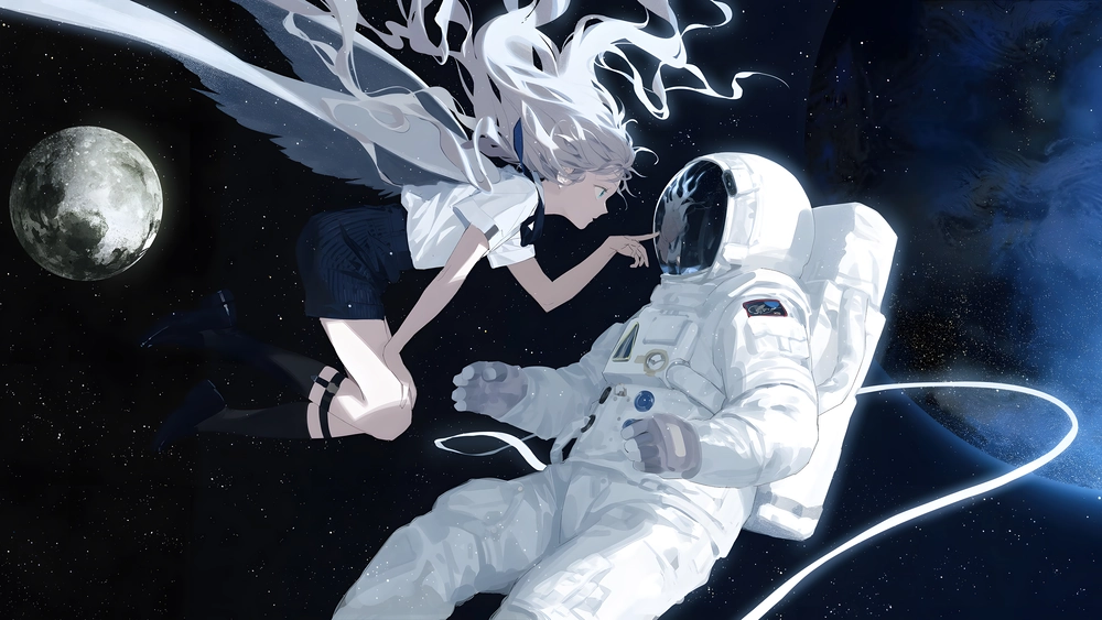 hình phi hành gia anime đang bay giữa ngân hà 