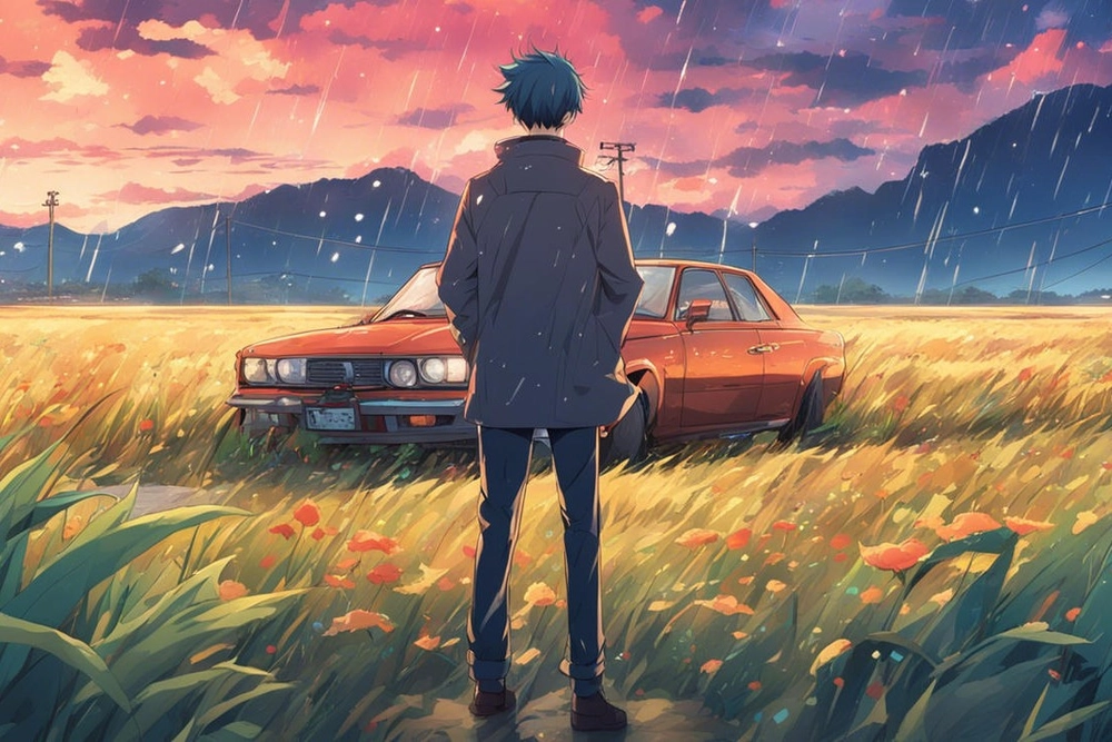ảnh anime nam buồn dưới mưa phong cách lãng mạn 