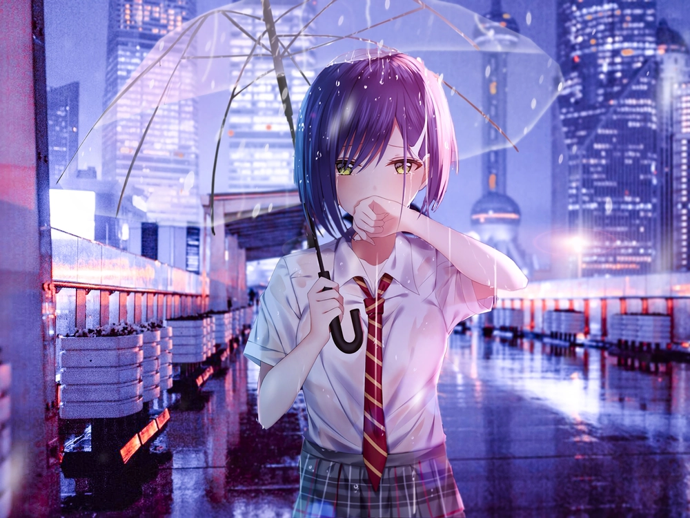 hình anime khóc dưới mưa nền u ám 