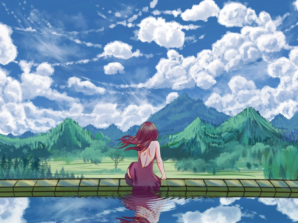 ảnh anime quay lưng nữ nền trời 