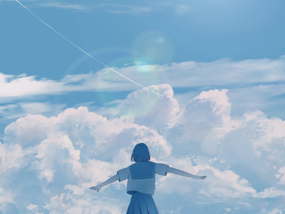 ảnh anime quay lưng nữ nhìn mây 