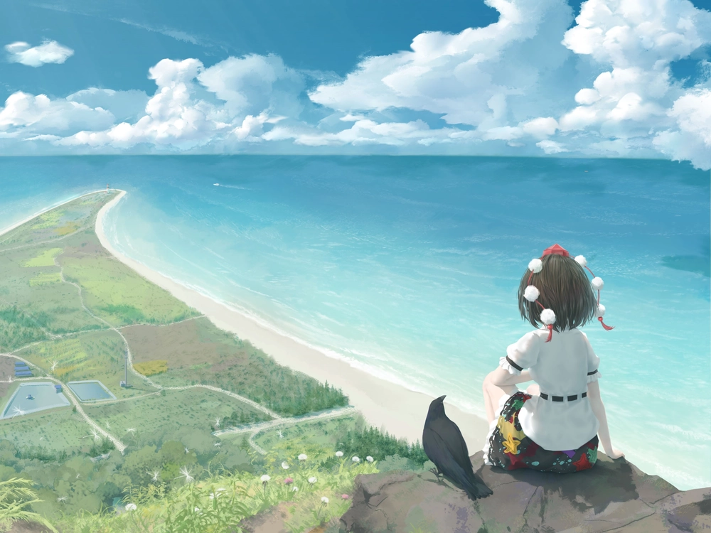 hình ảnh cô gái quay lưng đẹp anime ven biển 