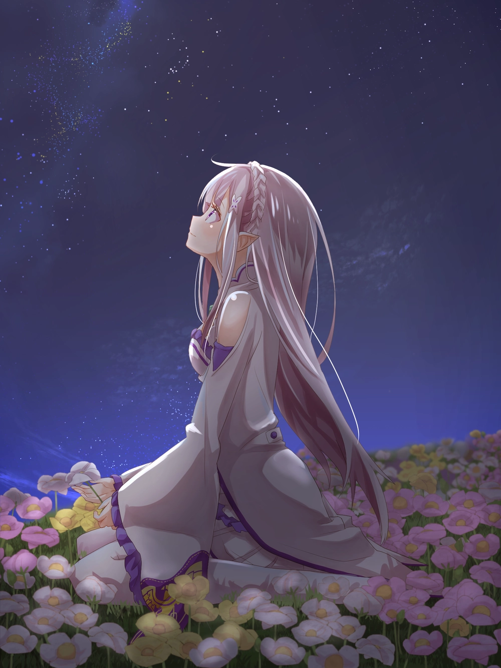ảnh emilia re zero nền tím dễ thương 