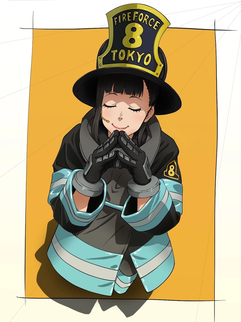ảnh maki oze trong bộ đồng phục fire force 