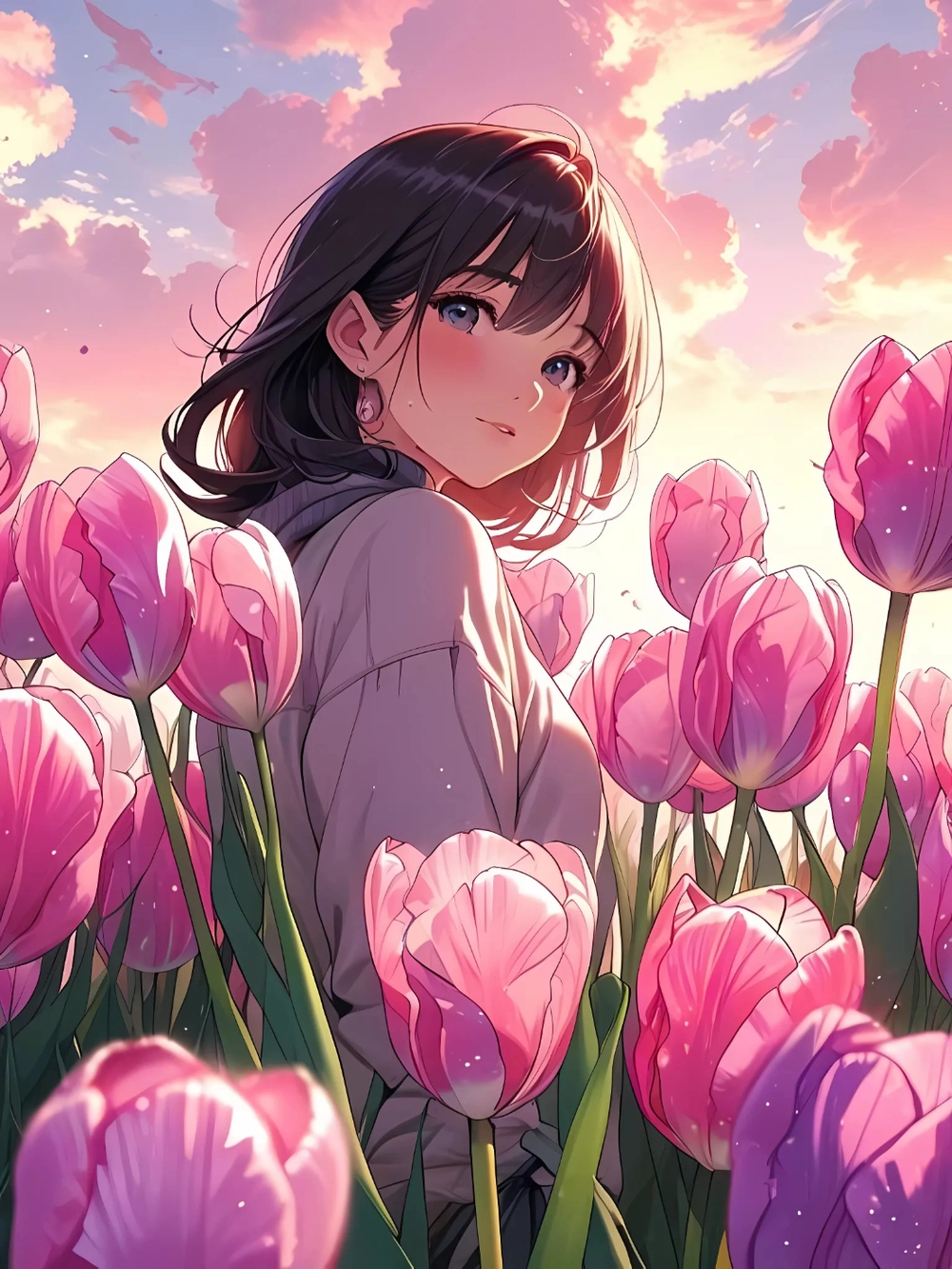 hình anime vườn hoa tulip lãng mạn