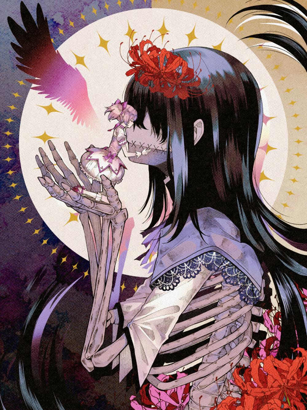 Cô gái anime tóc dài bên hoa bỉ ngạn