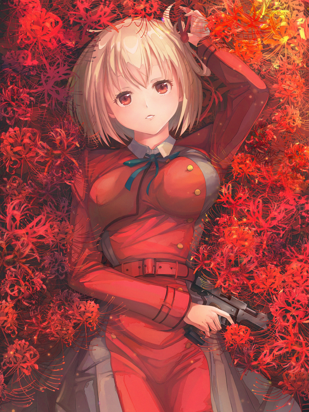 Hoa bỉ ngạn nở trong cảnh hoàng hôn anime