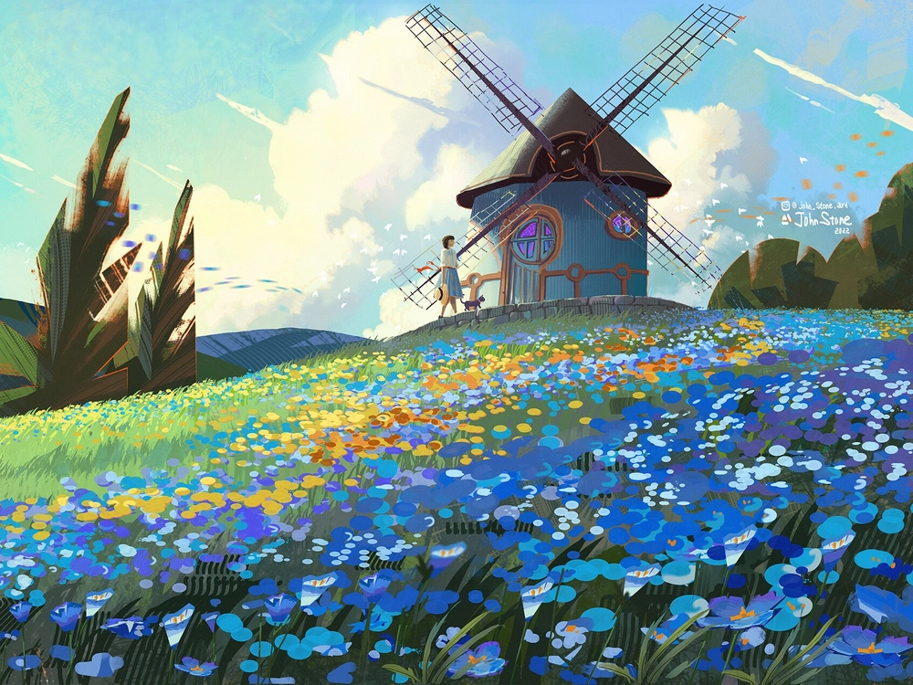 ảnh cánh đồng hoa anime nở