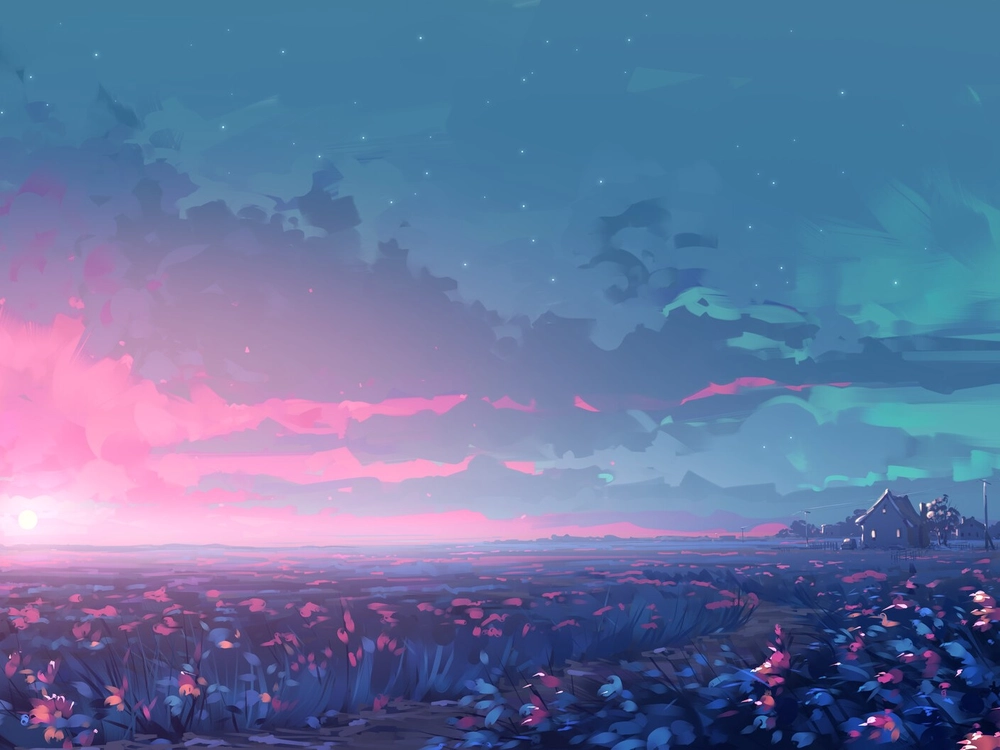 cánh đồng hoa anime buổi sáng