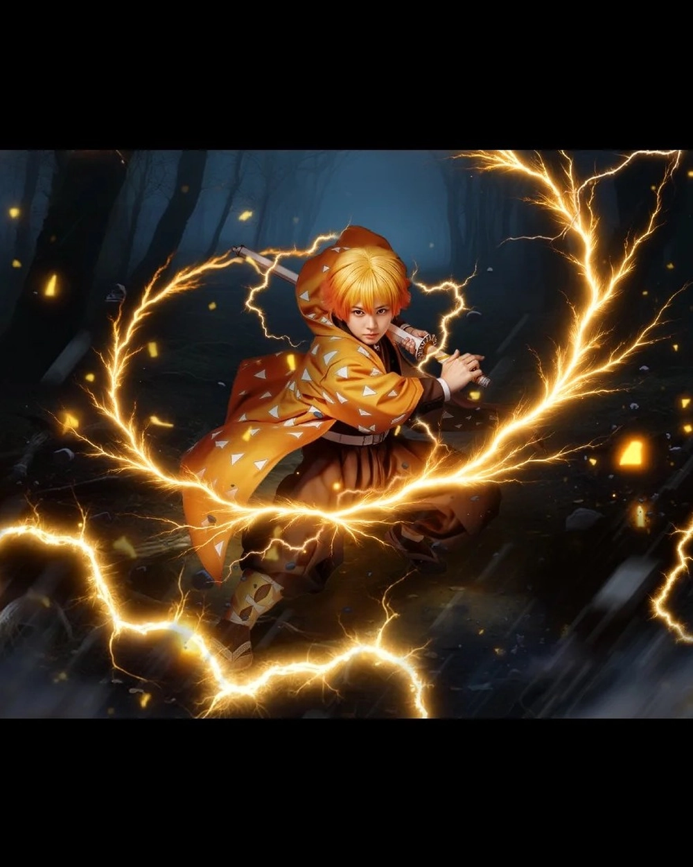 zenitsu cosplay chụp ngoài trời